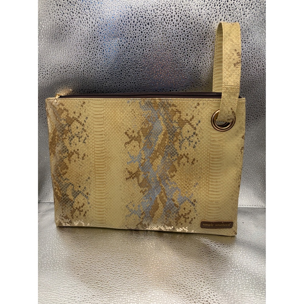 Simply Southern Snakeskin Embossed Wristlet Pouch Cream Tan Gold‎ Metallic New